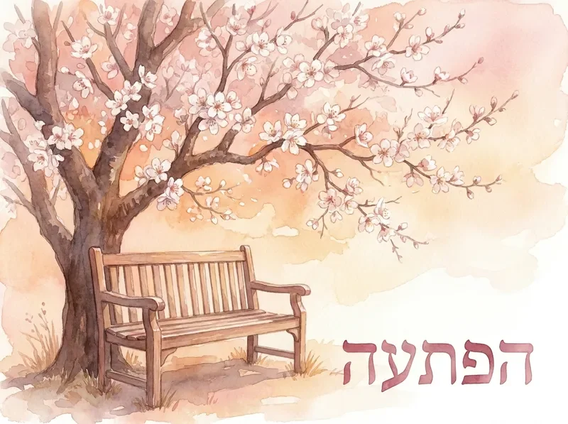 איור של ספסל בגן תחת עץ שקד פורח באור ערב חמים